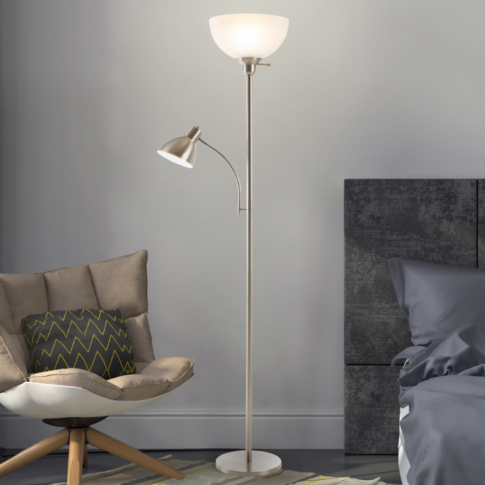 Lavish Home 72-torch-5 Torchiere Floor Lamp With Reading Light-sturdy Metal Base Marbleized White Glass Shade-energy Saving Led Bulbs - Satin Nickel