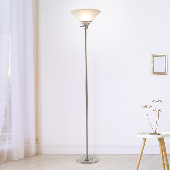 Lavish Home 72-torch-3 Torchiere Floor Lamp-standing Light With Sturdy Metal Base & Marbleized Glass Shade-energy Saving Led Bulb - Brushed Silver
