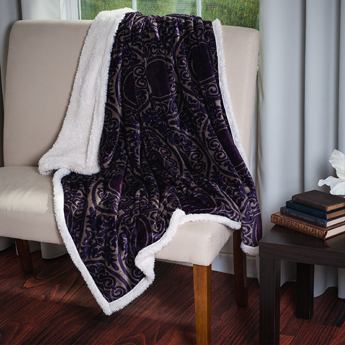 Lavish Home 61-00010-p Printed Coral Soft Fleece Sherpa Throw Blanket - Purple