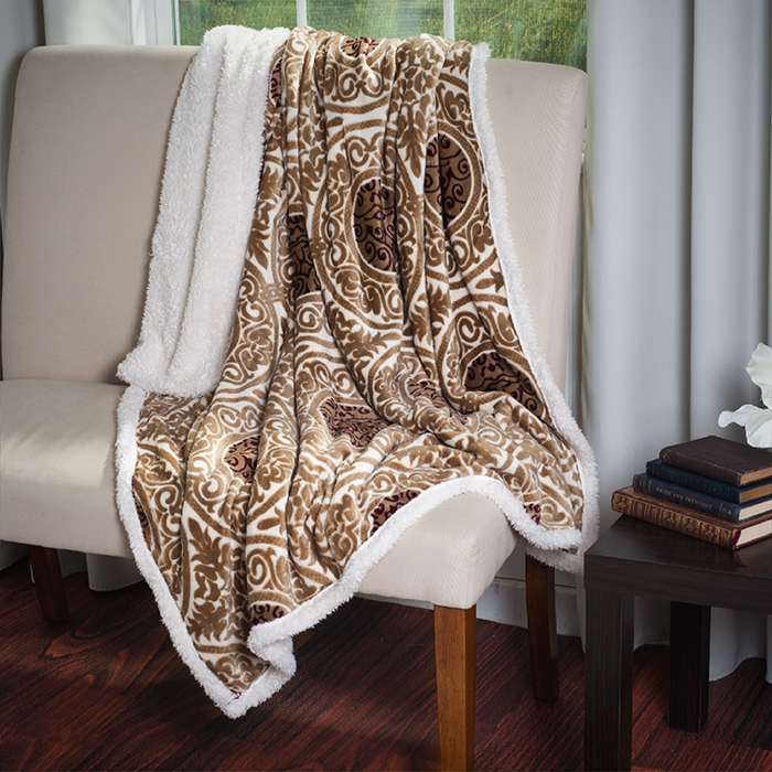 Lavish Home 61-00010-br Printed Coral Soft Fleece Sherpa Throw Blanket - Brown