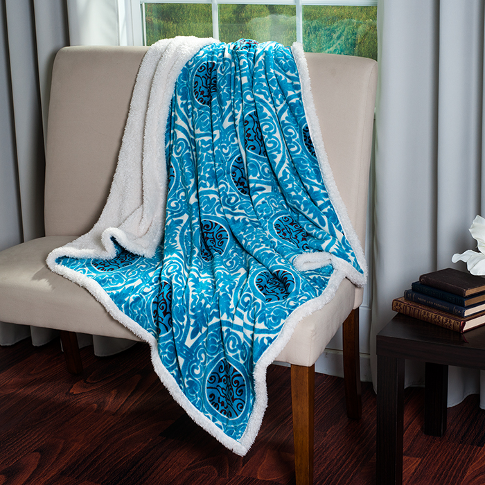 Lavish Home 61-00010-blu Printed Coral Soft Fleece Sherpa Throw Blanket - Blue