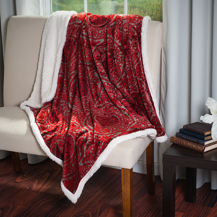 Lavish Home 61-00010-r Printed Coral Soft Fleece Sherpa Throw Blanket - Red