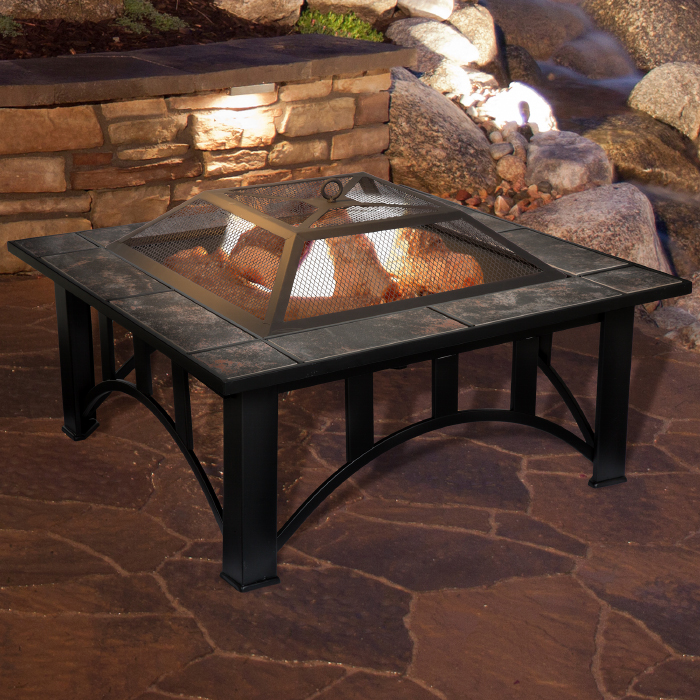 50-107 33 In. Square Wood Burning Marble Tile Fire Pit Set