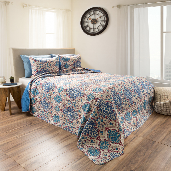 Lavish Home 66-10066-k Reversible Microfiber Alexandra Embossed Quilt Bedding Set With Shams, Blue - King - 3 Piece