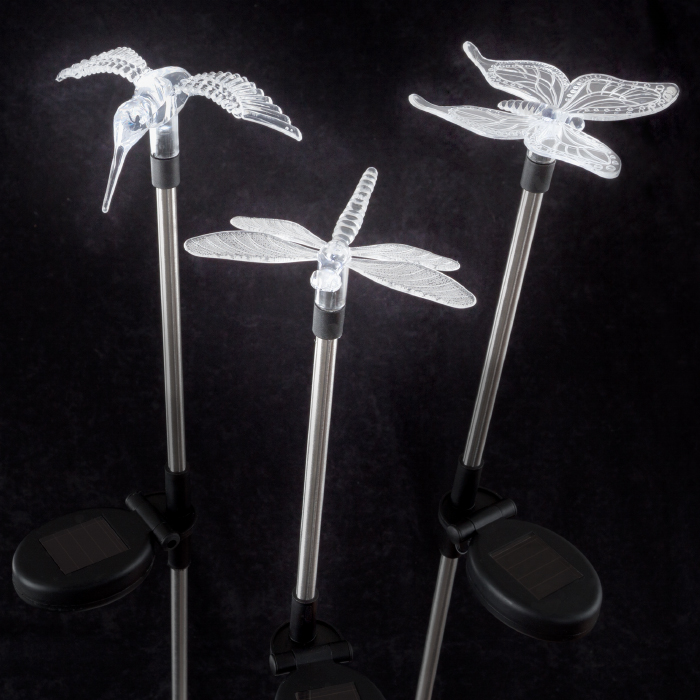 50-177 Solar Outdoor Led Stake Butterfly, Hummingbird & Dragonfly Light - 3 Piece