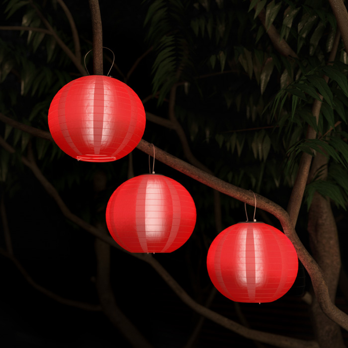 50-lg1004 Chinese Lanterns-hanging Fabric Lamps With Solar Powered Led Bulbs & Hanging Hooks, Red - Set Of 3