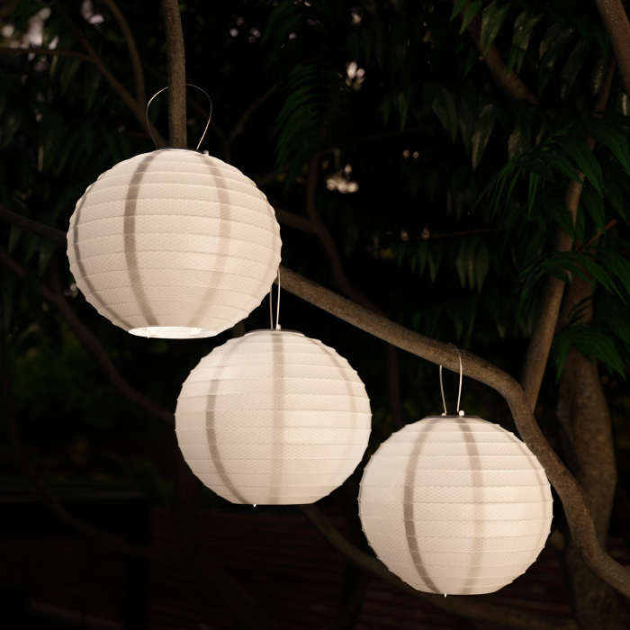50-lg1005 Chinese Lanterns-hanging Fabric Lamps With Solar Powered Led Bulbs & Hanging Hooks, White - Pack Of 3