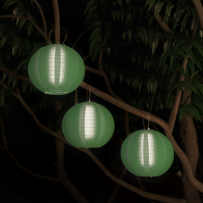 50-lg1006 Chinese Lanterns-hanging Fabric Lamps With Solar Powered Led Bulbs & Hanging Hooks, Green - Pack Of 3