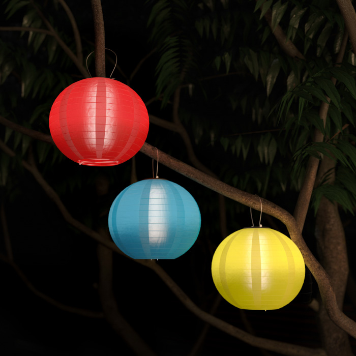 50-lg1007 Chinese Lanterns-hanging Fabric Lamps With Solar Powered Led Bulbs & Hanging Hooks, Multi Color - Pack Of 3