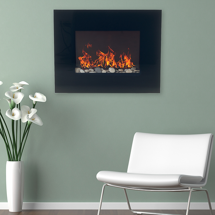 M029010 Black Glass Panel Electric Fireplace Wall Mount & Remote