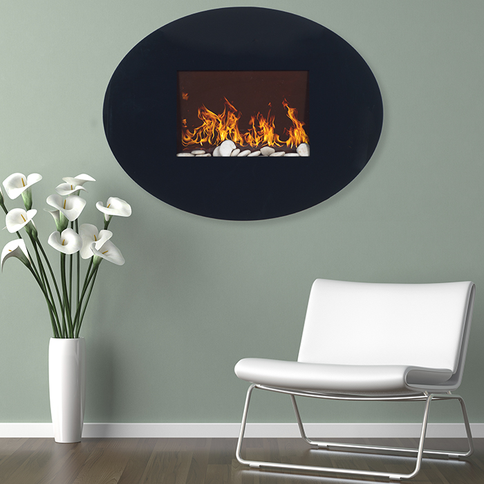 M029012 Black Oval Glass Electric Fireplace With Wall Mount