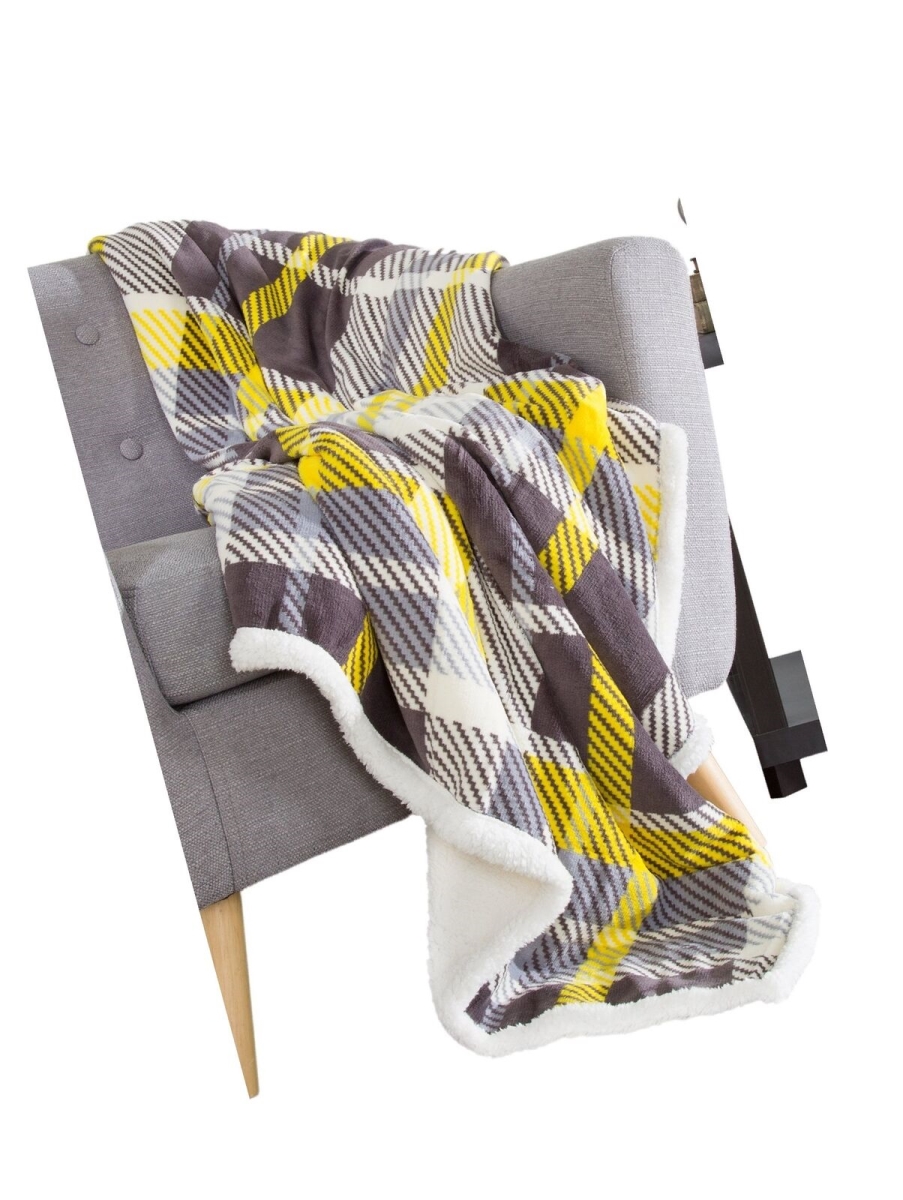61a-01652 Fleece Sherpa Blanket Throw - Plaid Yellow & Grey