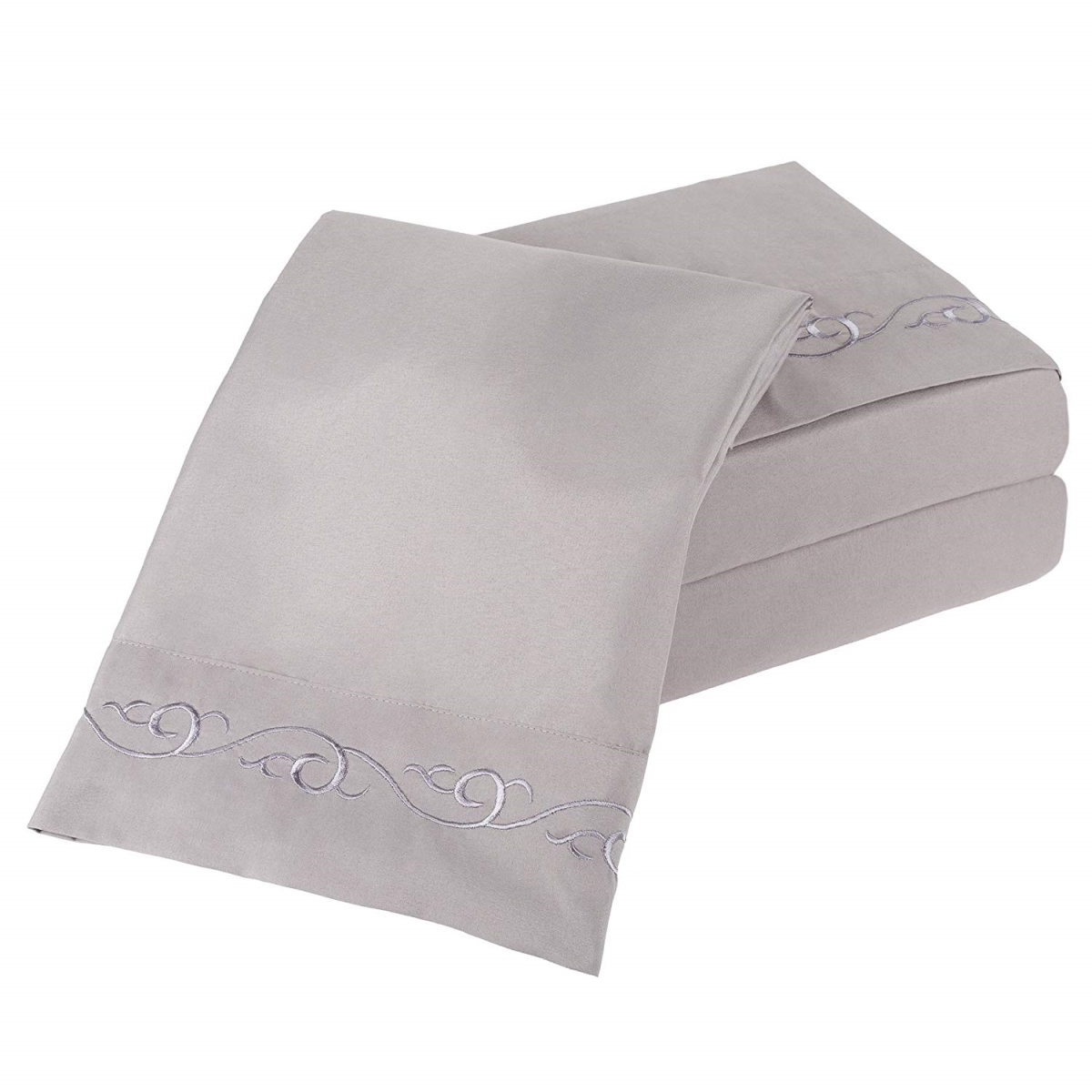 61a-17507 Embroidered Brushed Microfiber Sheets Set, Queen Size - Silver - 4 Piece