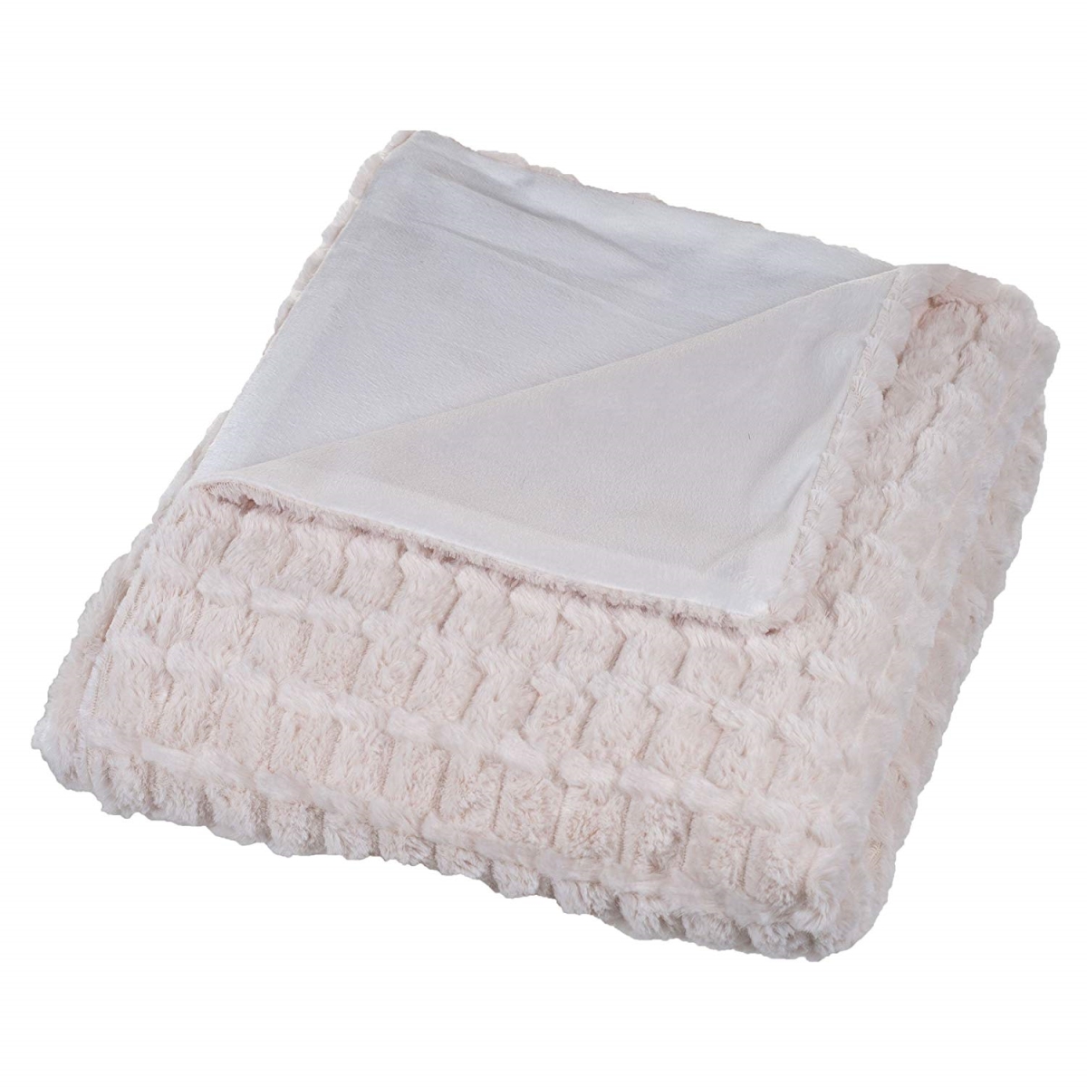 61a-26577 Plush Striped Embossed Faux Fur Mink Throw Blanket, Beige