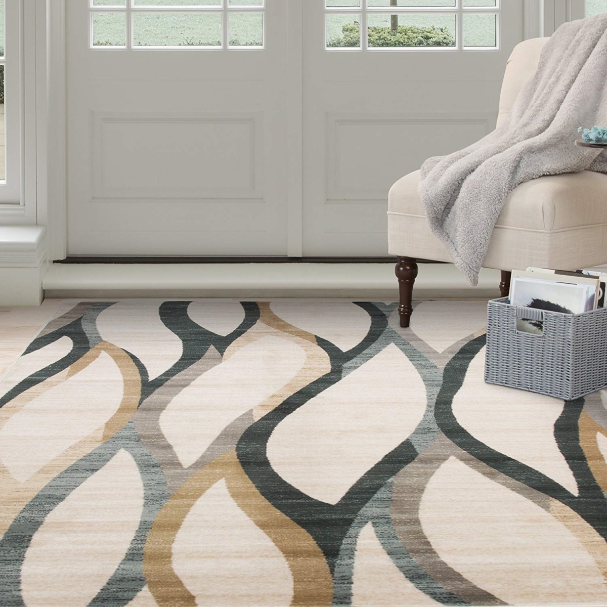 62a-26998 Opus Contemporary Curves Area Rug, 5 Ft. 3 In. X 7 Ft. 7 In. - Cream