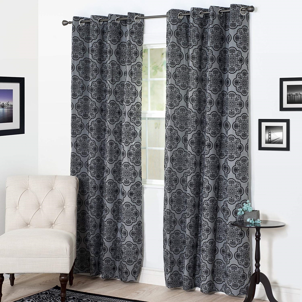 63a-12901 Flocked Curtain Panel, Charcoal - 84 In.