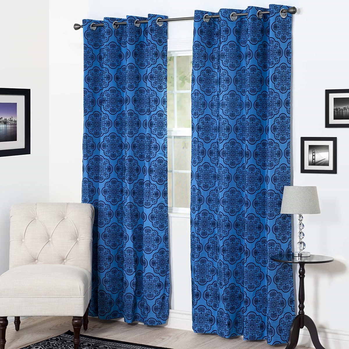 63a-12956 Dana Flocked Curtain Panel, Blue - 95 In.
