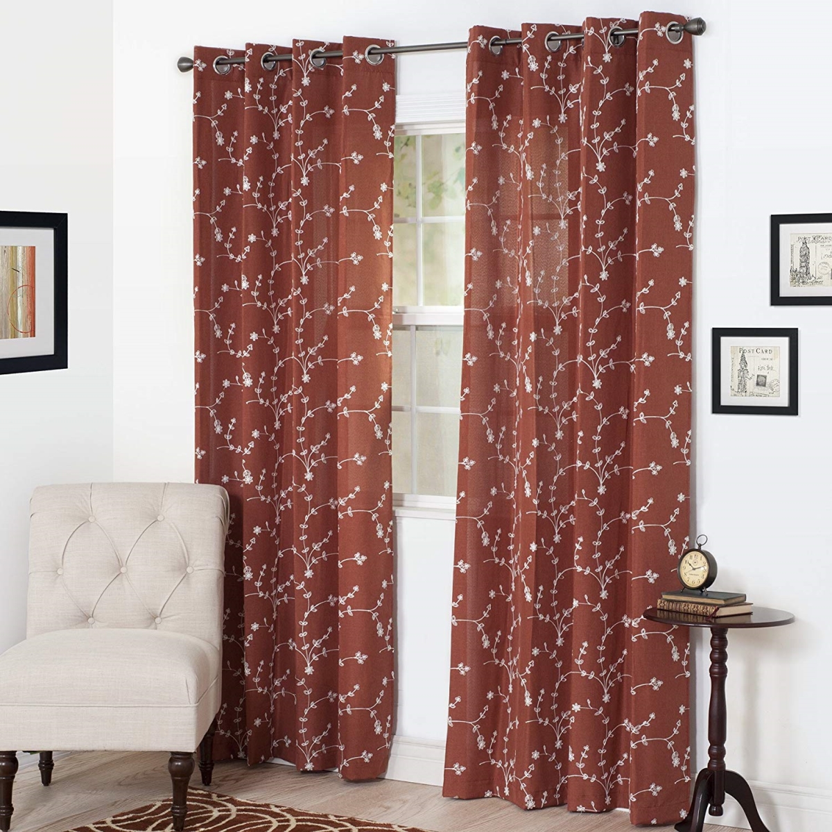63a-13069 Inas Embroidered Curtain Panel, Rust - 95 In.