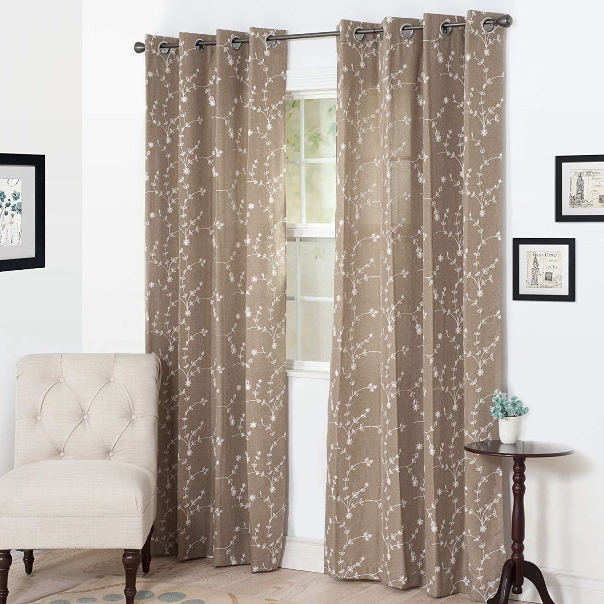63a-13083 Inas Embroidered Curtain Panel, Taupe - 108 In.