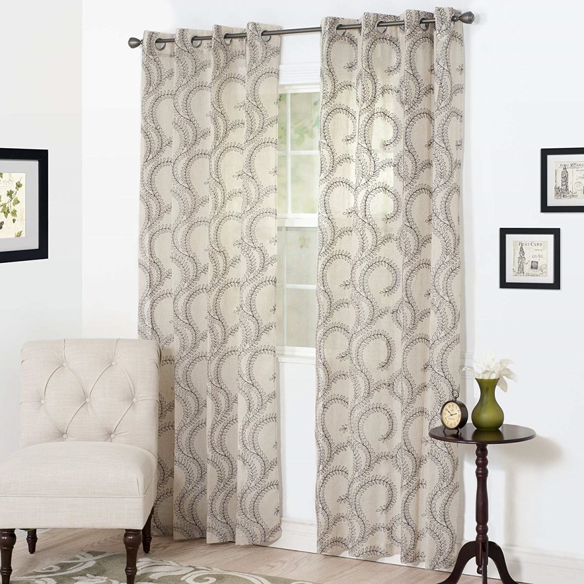 63a-13991 Andrea Embroidered Curtain Panel, Charcoal - 108 In.