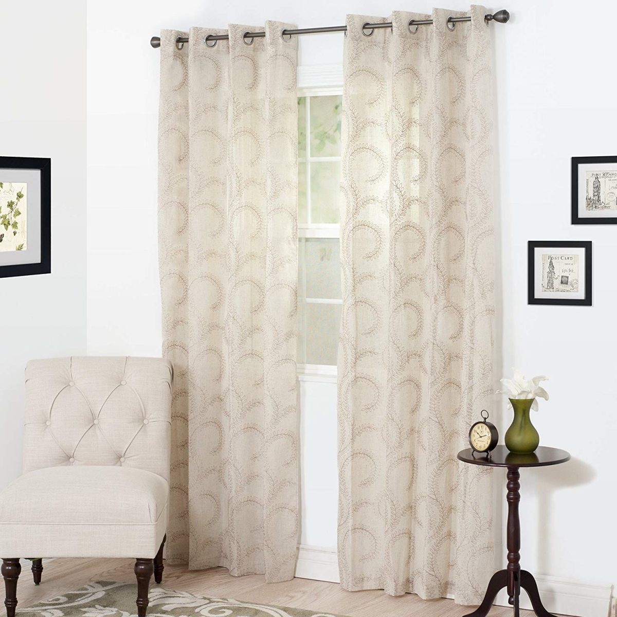 63a-14042 Andrea Embroidered Curtain Panel, Taupe - 84 In.