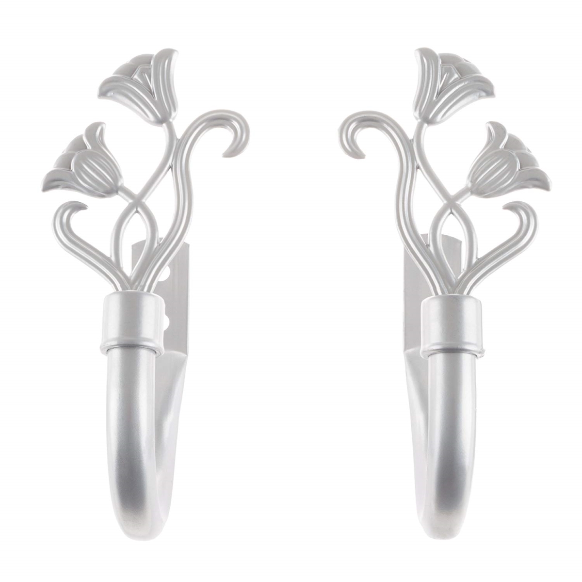 63a-46993 Curtain Holdbacks With Mounting Hardware Drape Tieback Hooks With Floral Finials, Silver - Set Of 2