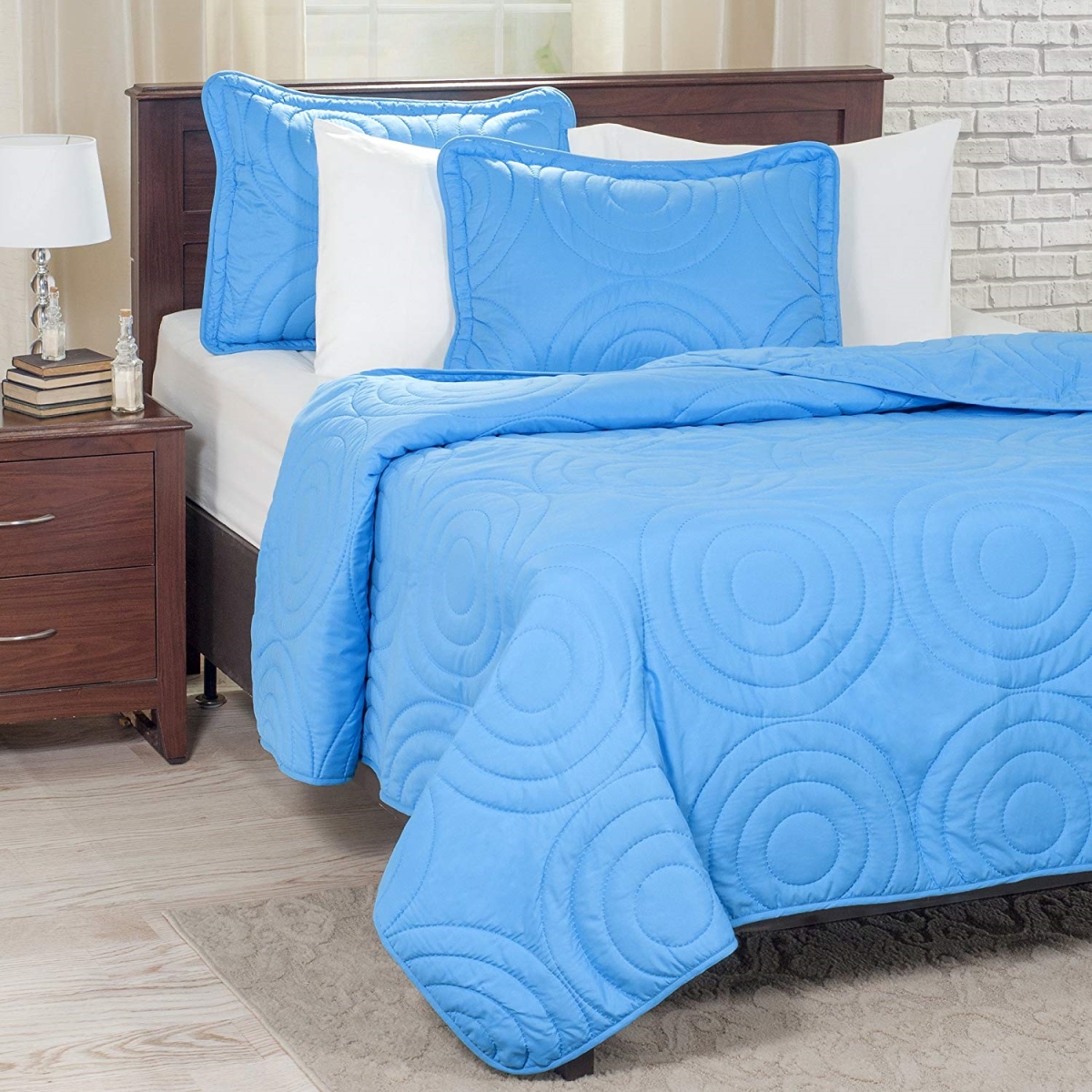 66a-01882 Solid Embossed 3 Piece Quilt Set - Full & Queen Size - Blue