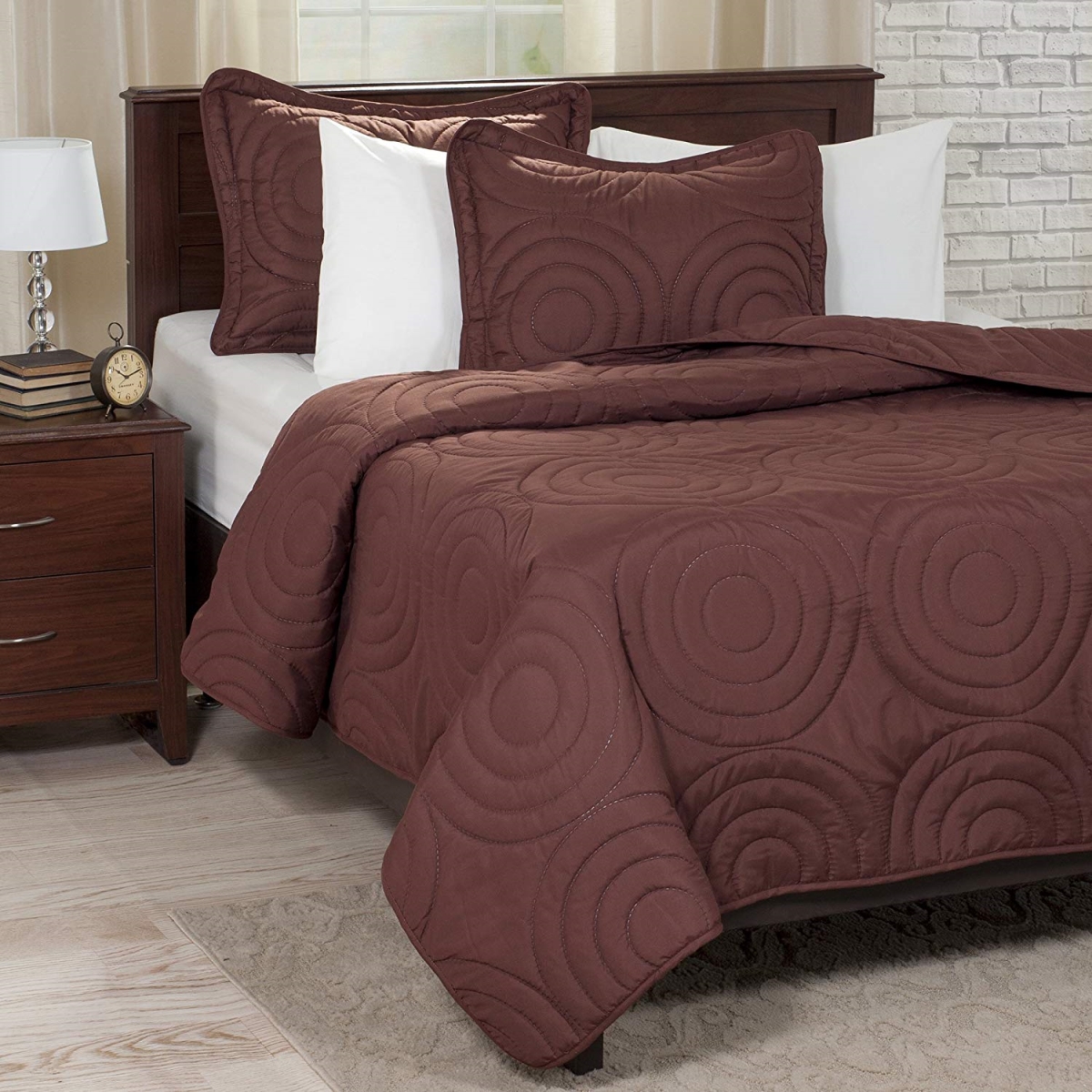 66a-01950 Solid Embossed 3 Piece Quilt Set, King Size - Chocolate