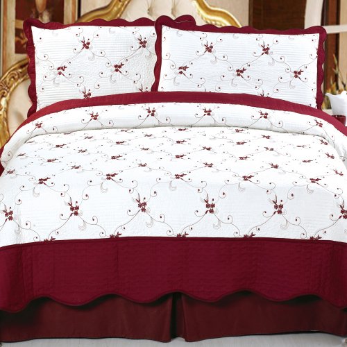 66a-19998 3 Piece Chloe Embroidered Quilt Set, Full & Queen Size