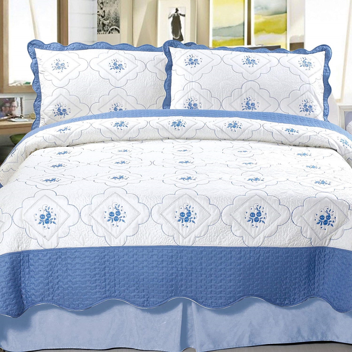 66a-20024 Brianna Embroidered 3 Piece Quilt Set, Full & Queen Size