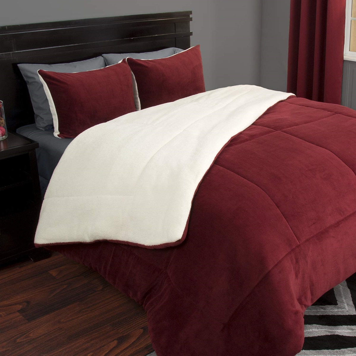 66a-27377 3 Piece Sherpa & Fleece Comforter Set, Full & Queen Size - Burgundy