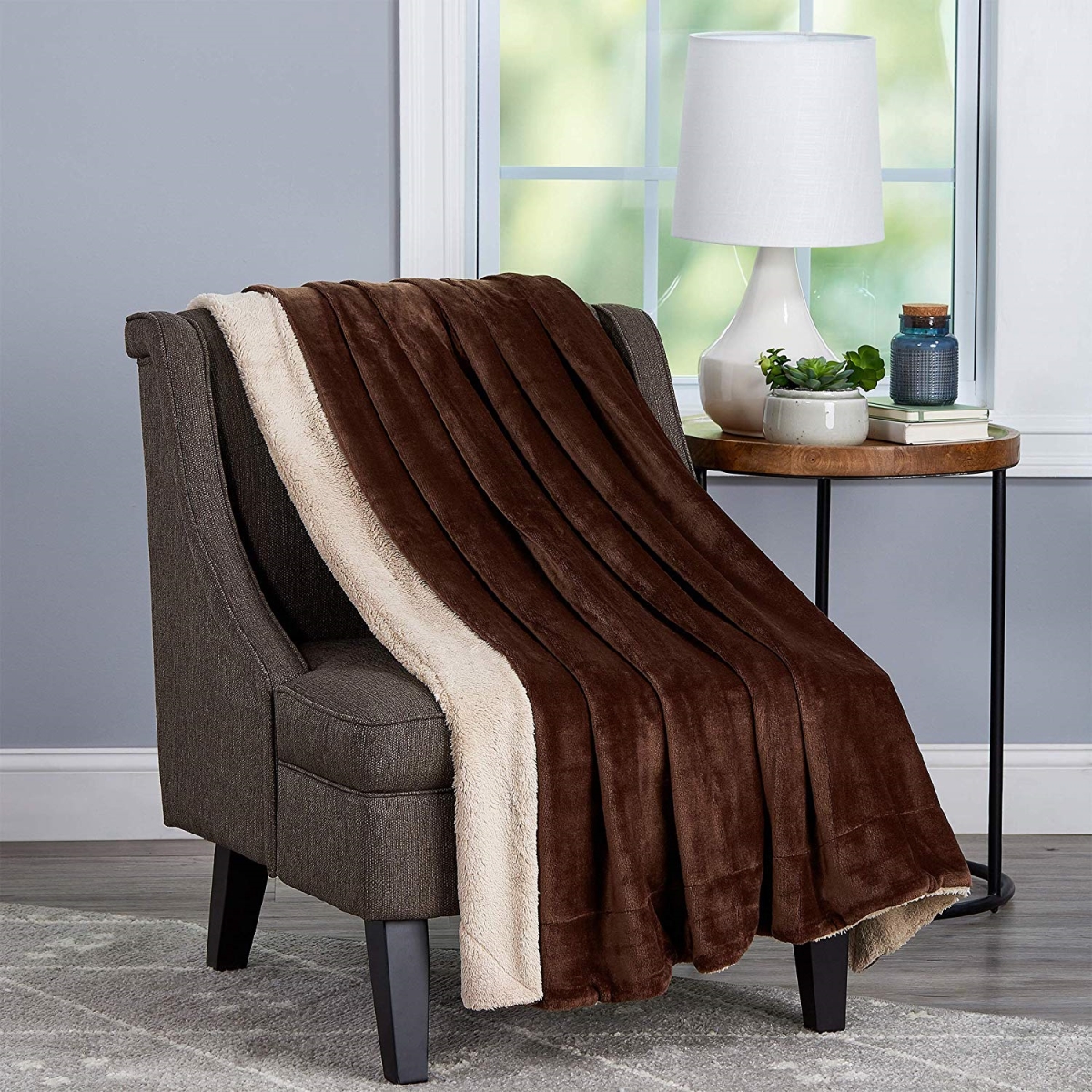 66a-29195 Poly Oversized Plush Woven Polyester Sherpa Fleece Solid Color Throw - Mahogany & Dove