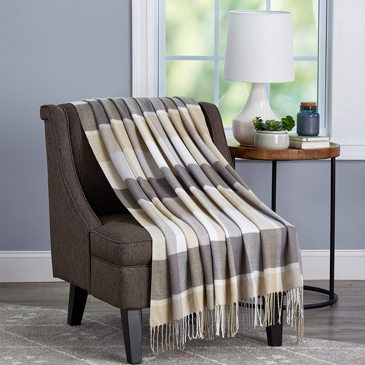 66a-29232 Oversized Vintage Look Woven Acrylic Faux Cashmere-feel Plaid Throw - Stone