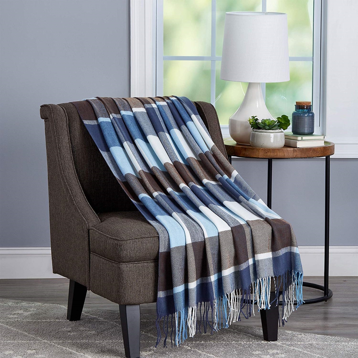 66a-29249 Oversized Vintage Look Woven Acrylic Faux Cashmere-feel Plaid Throw - Allure