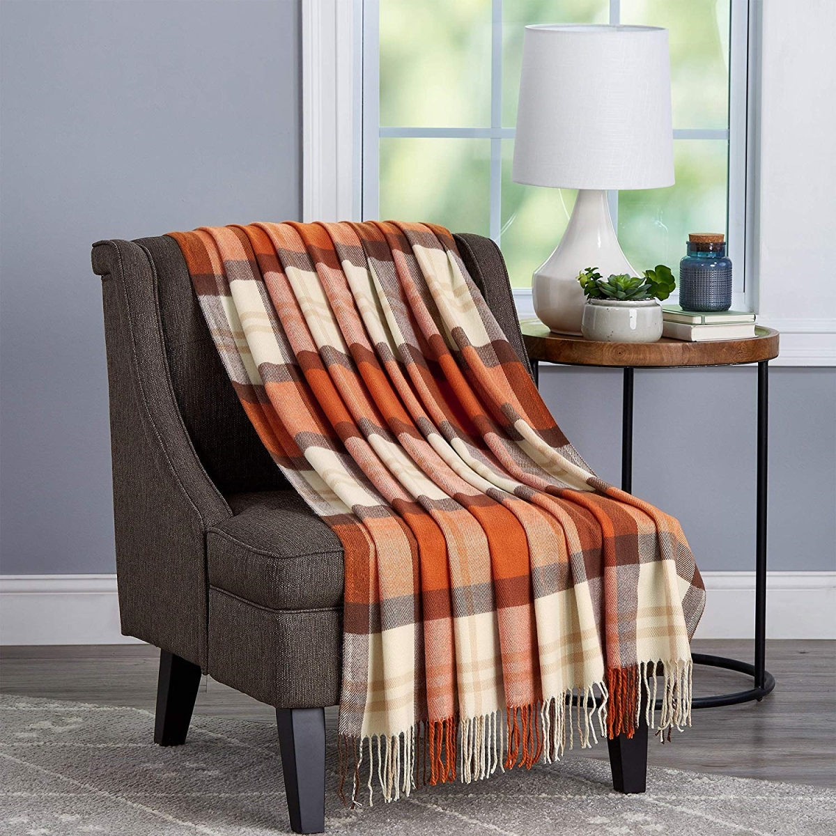 66a-29263 Oversized Vintage Look Woven Acrylic Faux Cashmere-feel Plaid Throw - Spice