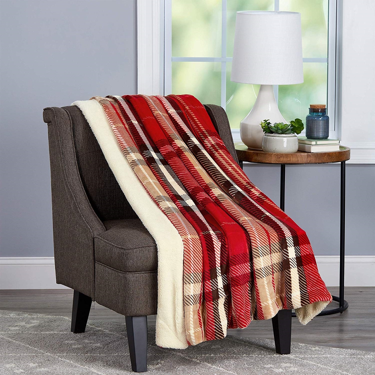 66a-29348 Blanket Oversized Plush Woven Polyester Sherpa Fleece Plaid Throw - Vineyard