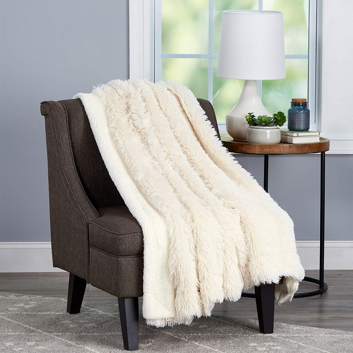 66a-34984 Soft Hypoallergenic Long Pile Faux Rabbit Fur Blanket With Sherpa Back For Couch Throw Luxurious, 60 X 70 In. - White