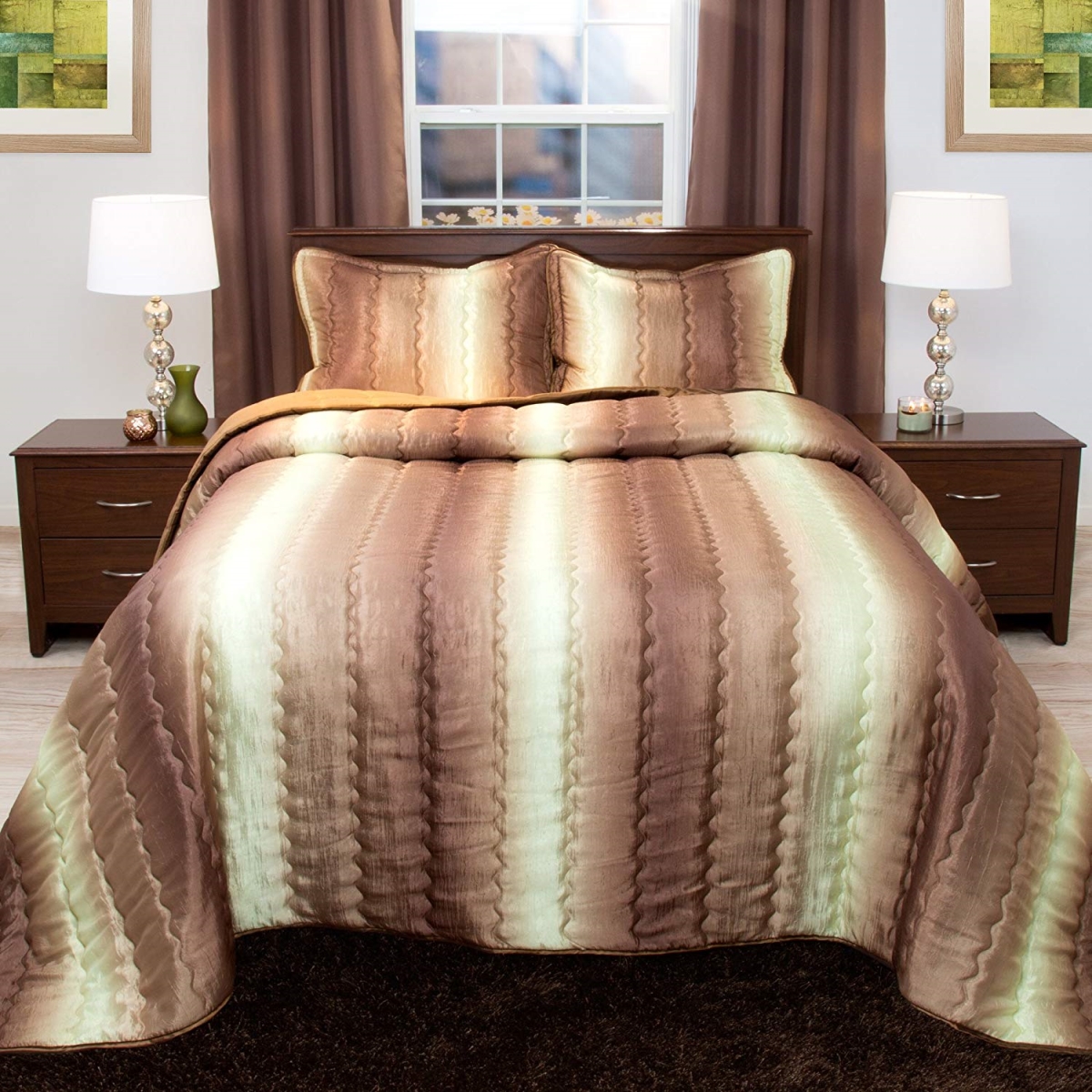 66a-53871 Striped Metallic Bedspread Set, Twin Size - Chocolate & Taupe