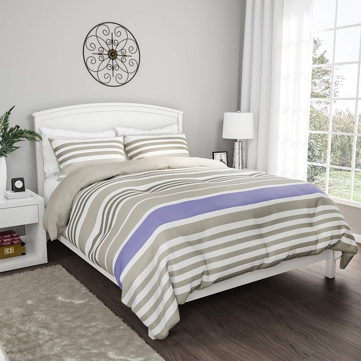 66a-78490 Microfiber Seaside Lavender Striped Down Alternative All-season Blanket With Shams 3 Piece Comforter Set - King Size