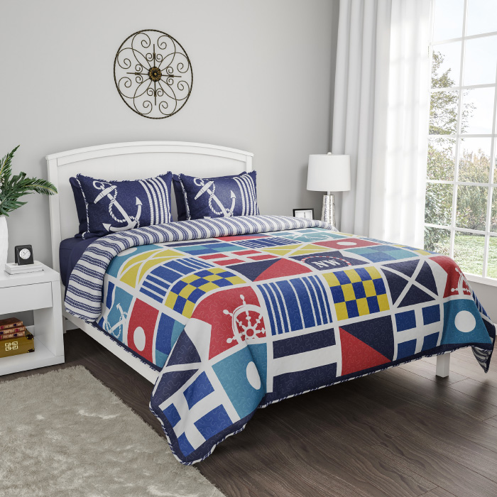 66-q003fq 3 Piece Quilt Bedspread Set With Exclusive Mariner Design - Full & Queen Size