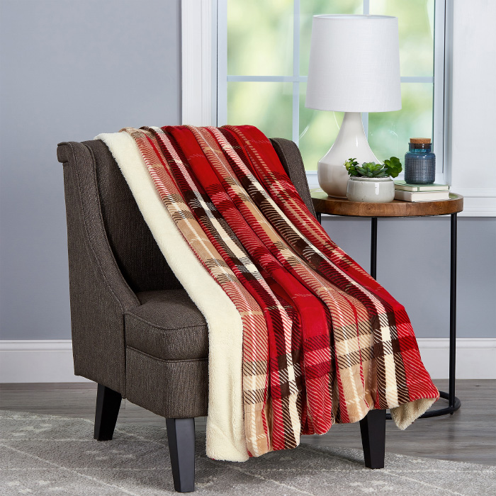 66-throw024 Oversized Plush Woven Polyester Sherpa Fleece Plaid Blanket - Vineyard