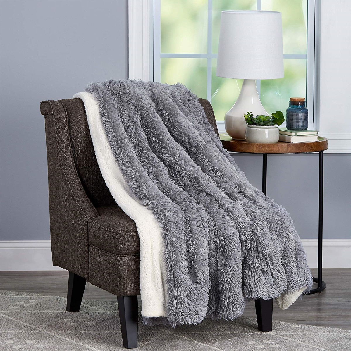 Lavish Home 66-throw029 Soft Hypoallergenic Long Pile Faux Rabbit Fur Blanket With Sherpa Back Throw Luxurious, 60 X 70 In. - Pewter