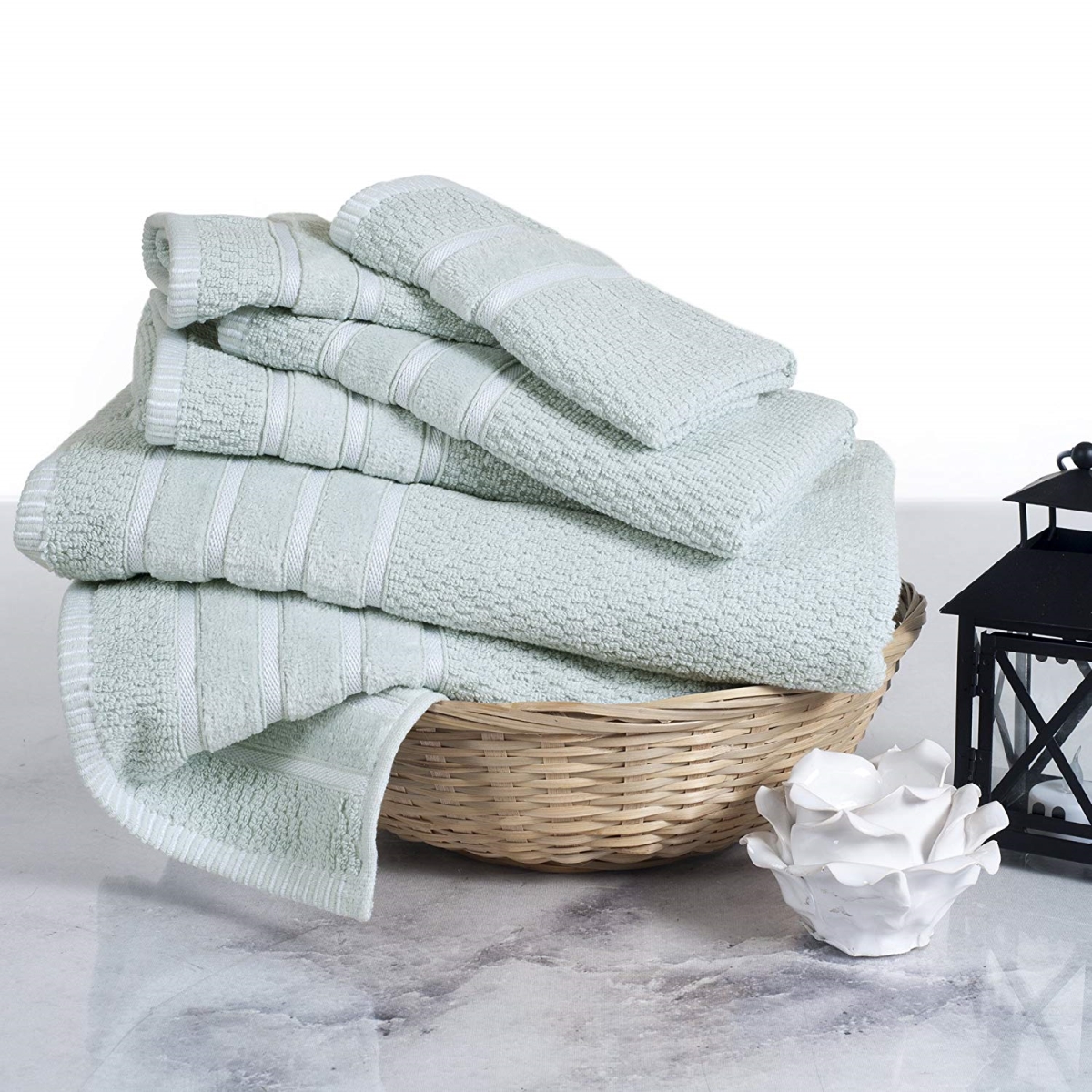 67a-74247 Home 100 Percent Cotton Rice Weave 6 Piece Towel Set - Seafoam
