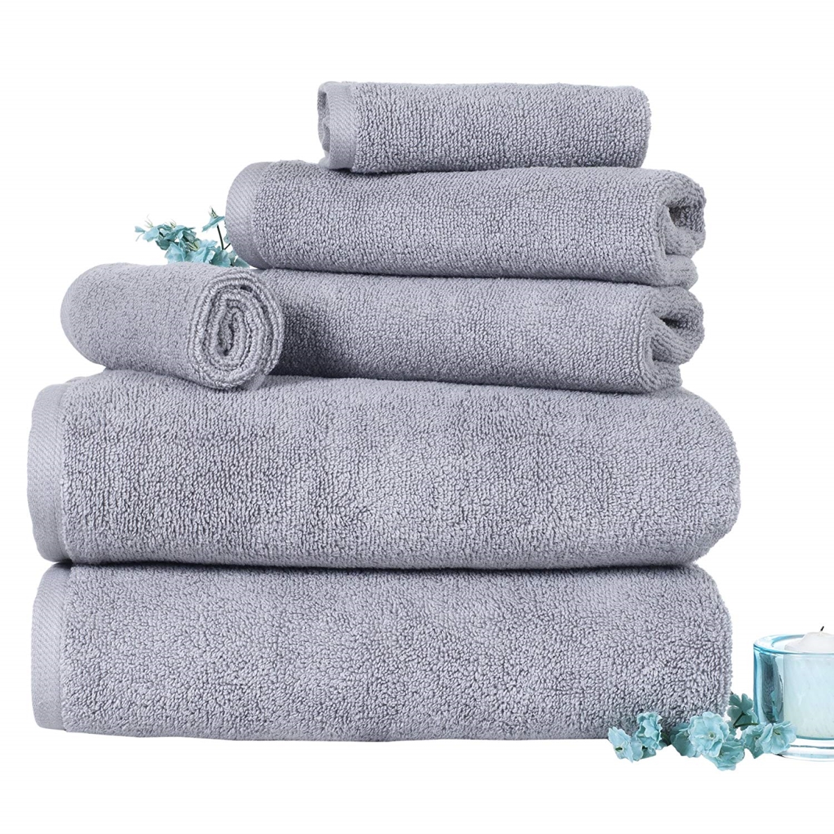 67a-77255 100 Percent Cotton Zero Twist 6 Piece Towel Set - Silver