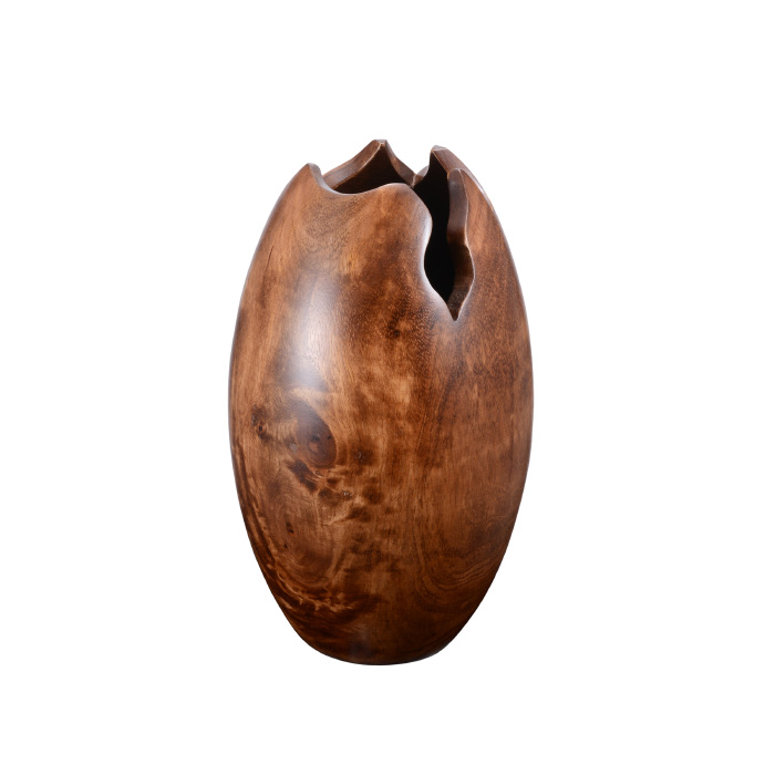 83-dt5726 Handmade 10 In. Tall Round Mango Wood Brown Tulip Decorative Hand Carved Concave Vase