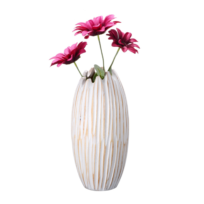 83-dt5736 Handmade 12 In. Tall Round Mango Wood White Tulip Vase