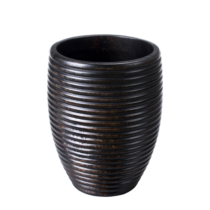 83-dt5899 Handmade 10 In. Round Mango Wood Black Ripple Vase