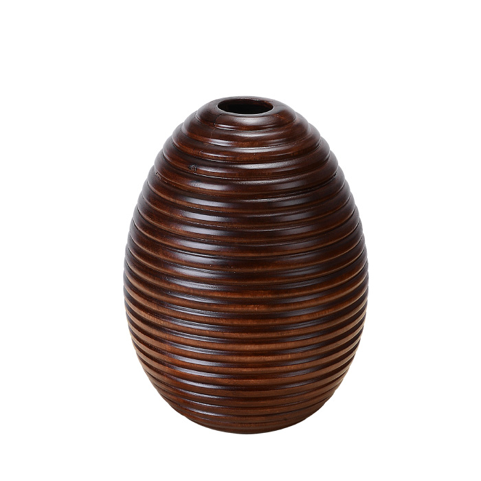 83-dt5902 Handmade 10 In. Tall 8 In. Round Mango Wood Brown Ripple Vase