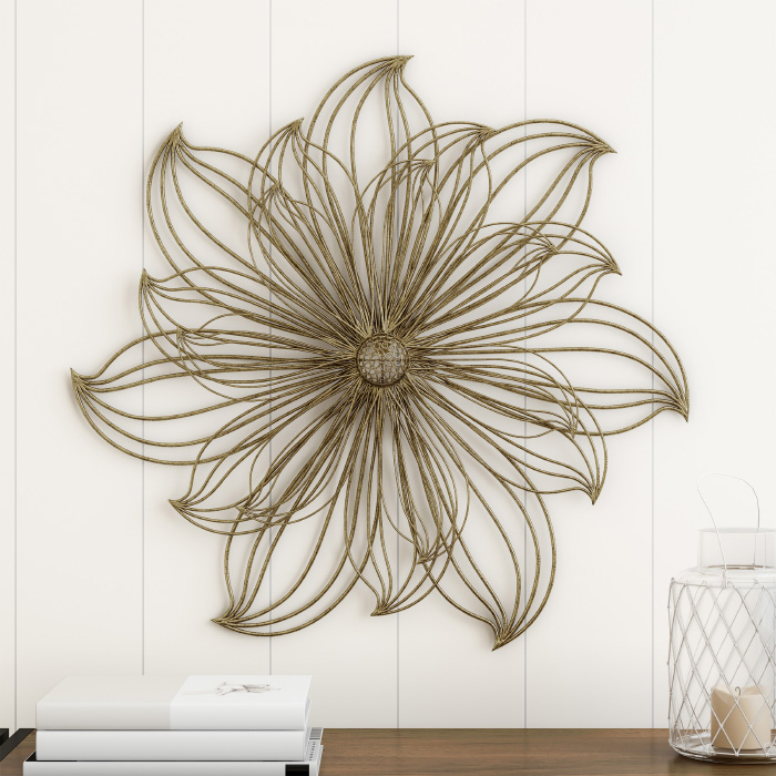 Lavish Home 80-walla-10 Metallic Layered Large Wire Flower Sculpture Modern Hanging Accent Art For Living Room Wall Decor - Gold