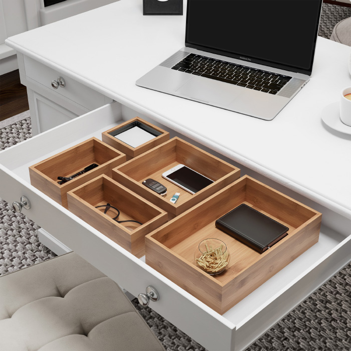 Lavish Home 83-100 5 In. Compartment Modular Natural Wood Bamboo Space Saver Tray Storage Drawer Organizer